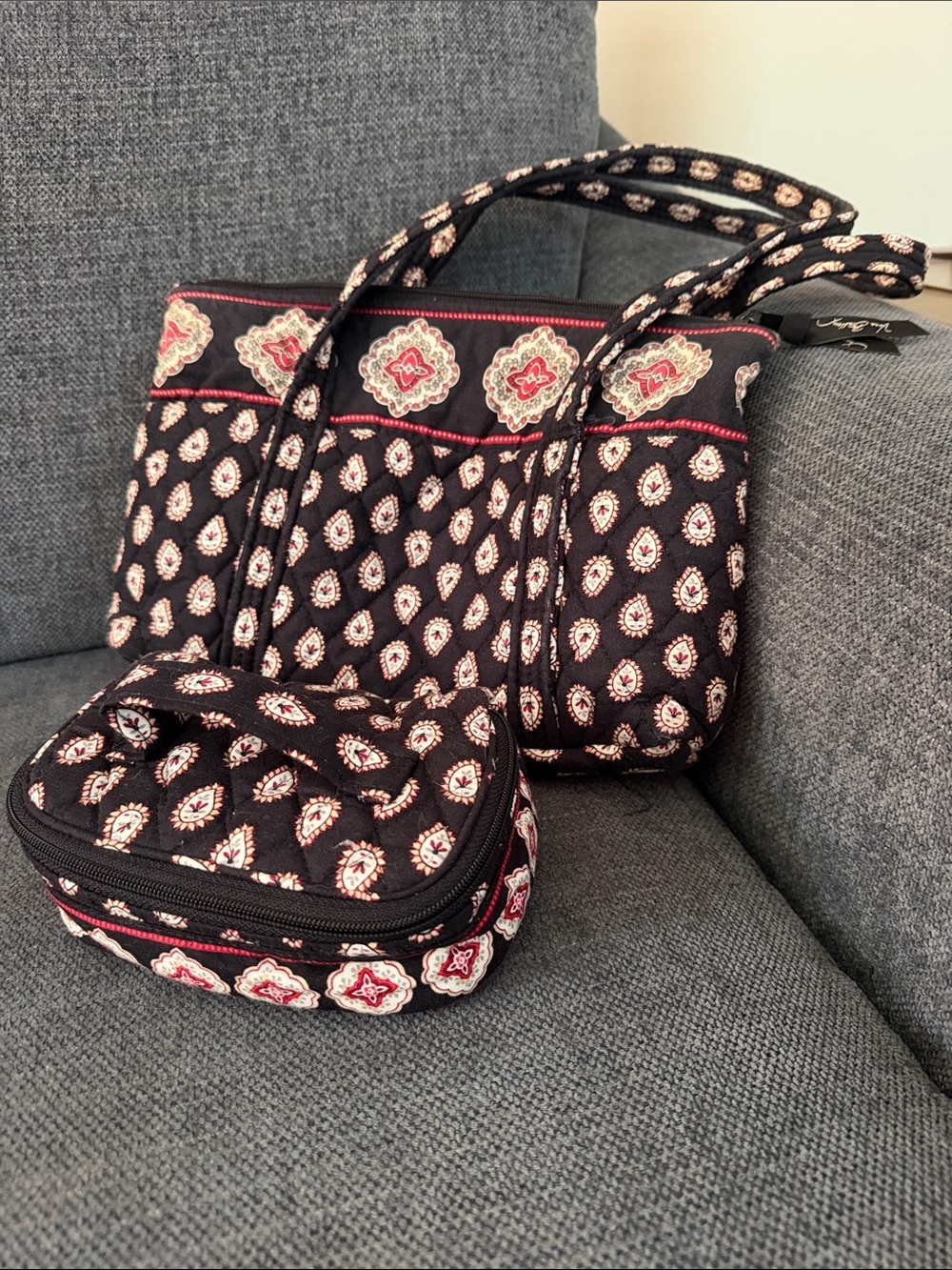Vera Bradley Black Quilted Floral Tote with Matching Cosmetic Case